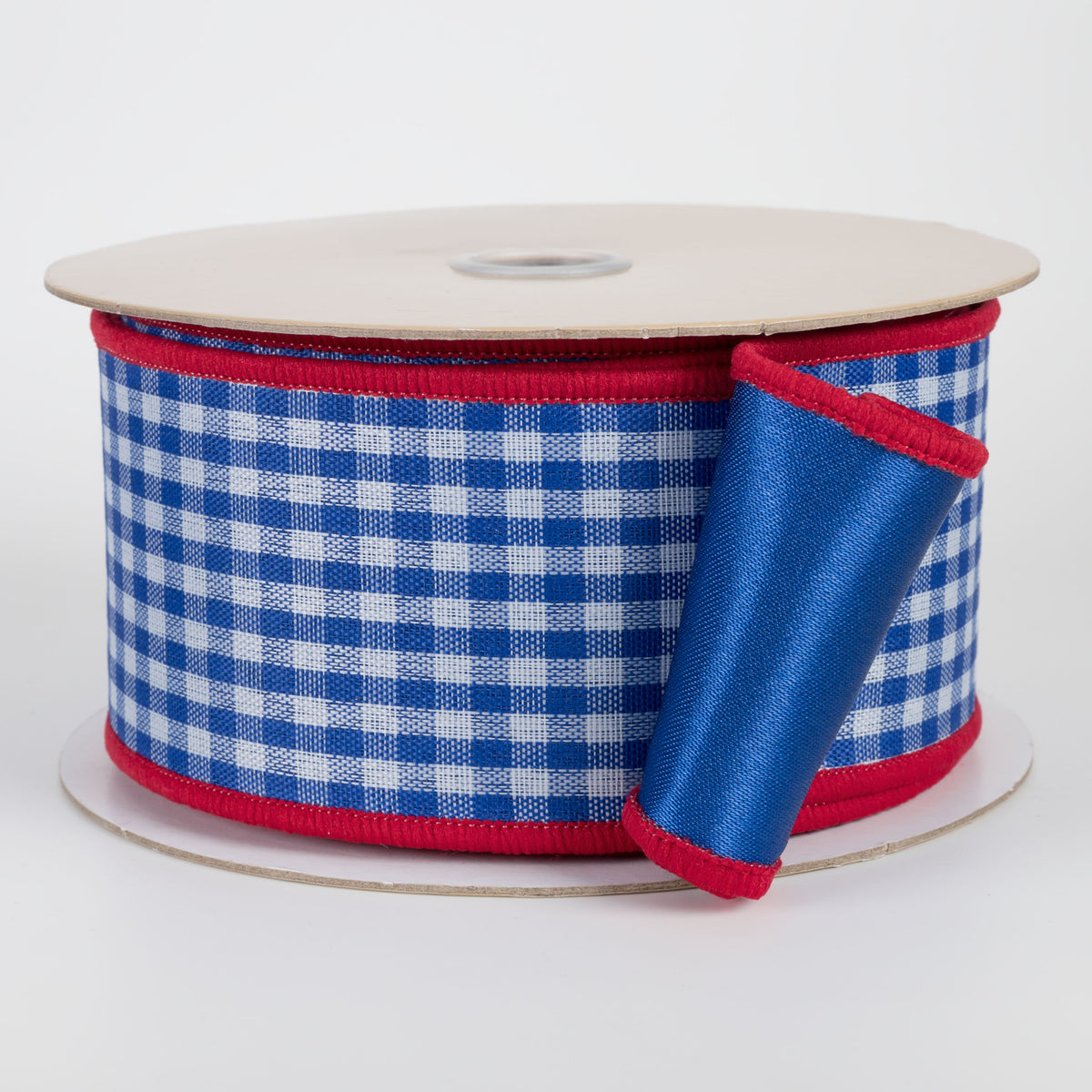 2.5" Double Sided Fused Check & Satin Ribbon: Blue, White & Red (10 Yards) Item Number: LX601825