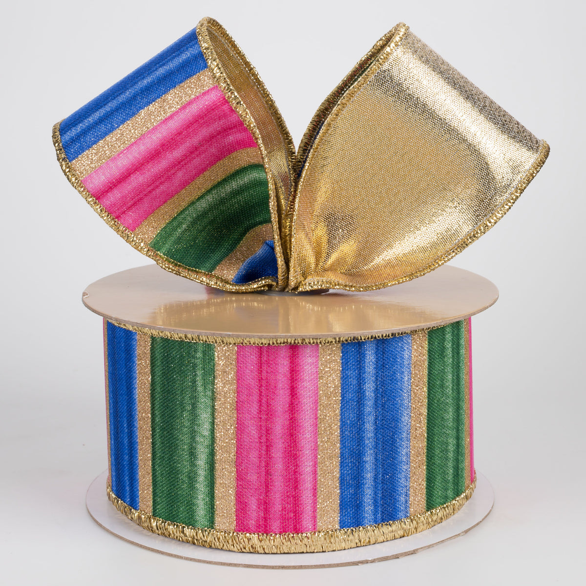 2.5" Double Sided Fused Glittered Watercolor Stripes Ribbon: Blue, Fuchsia & Green (10 Yards) Lifestyle Photo