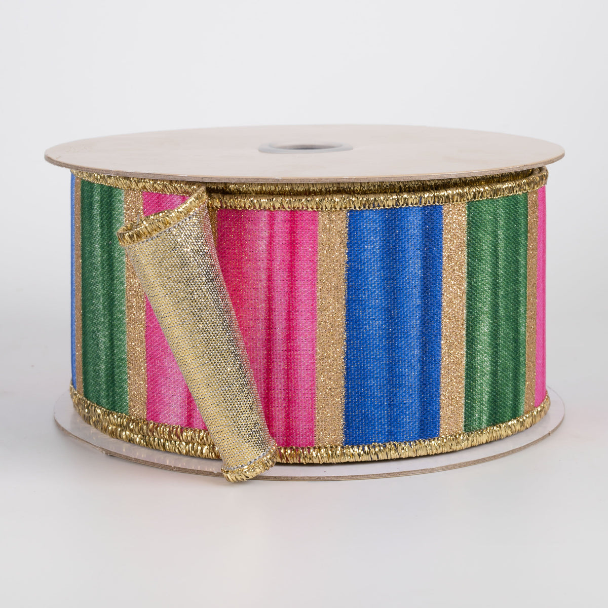 2.5" Double Sided Fused Glittered Watercolor Stripes Ribbon: Blue, Fuchsia & Green (10 Yards) Item Number: LX3340RW