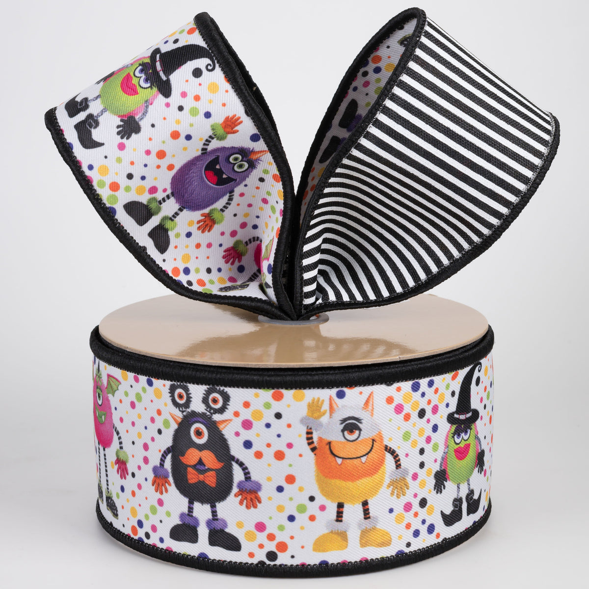 2.5" Double Sided Fused Halloween Monsters Ribbon: Black & White Stripe (10 Yards) Lifestyle Photo