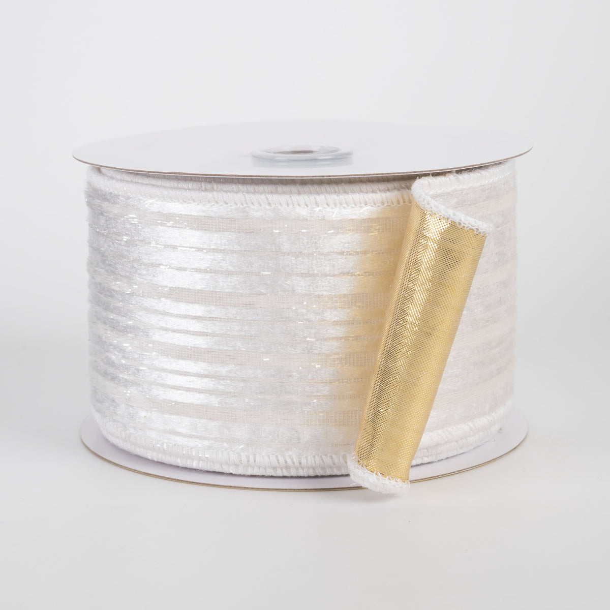 2.5" Double Sided Fused Striped Velvet Ribbon: White & Gold (10 Yards) Item Number: LX500727