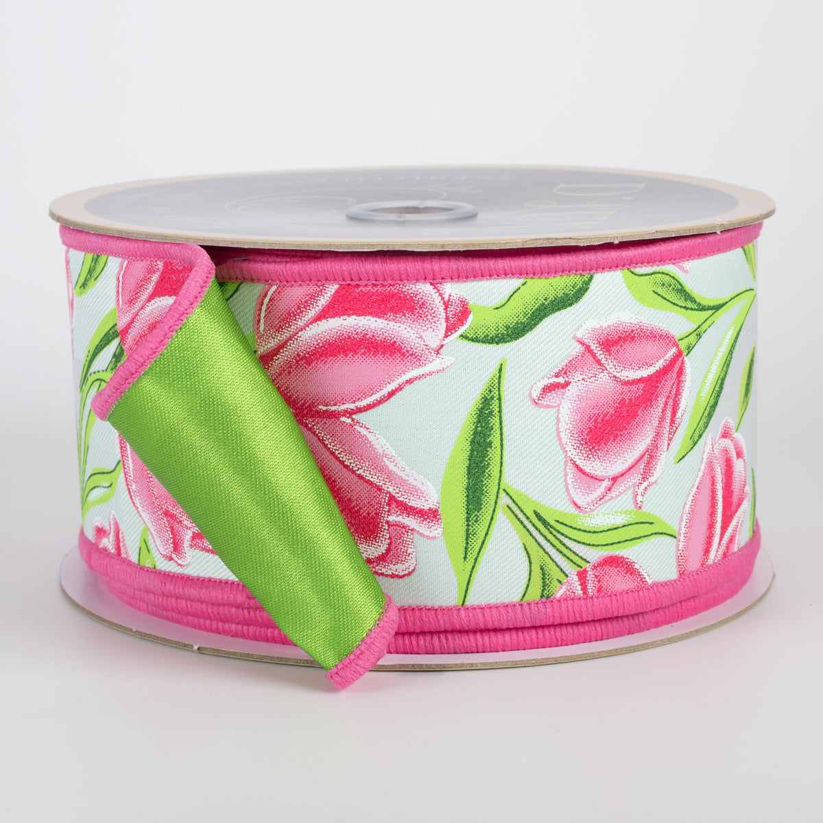 2.5" Double Sided Fused Tulips Ribbon: Pink & Green (10 Yards) Item Number: LX3319WT