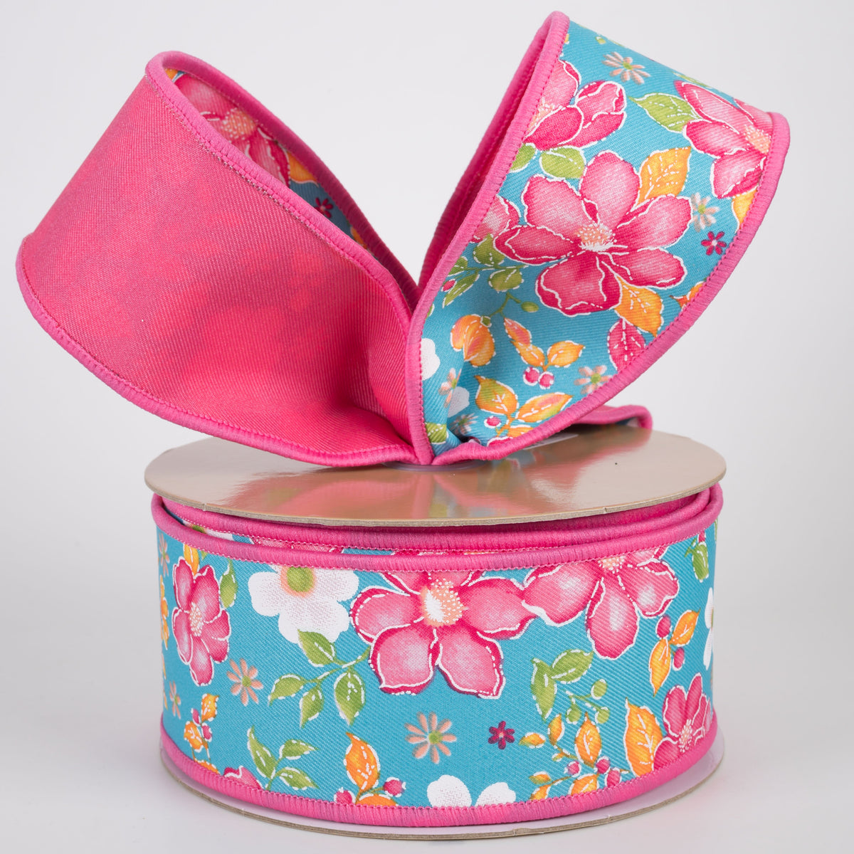 2.5" Double Sided Fused Watercolor Flowers Ribbon: Turquoise & Pink (10 Yards) Lifestyle Photo