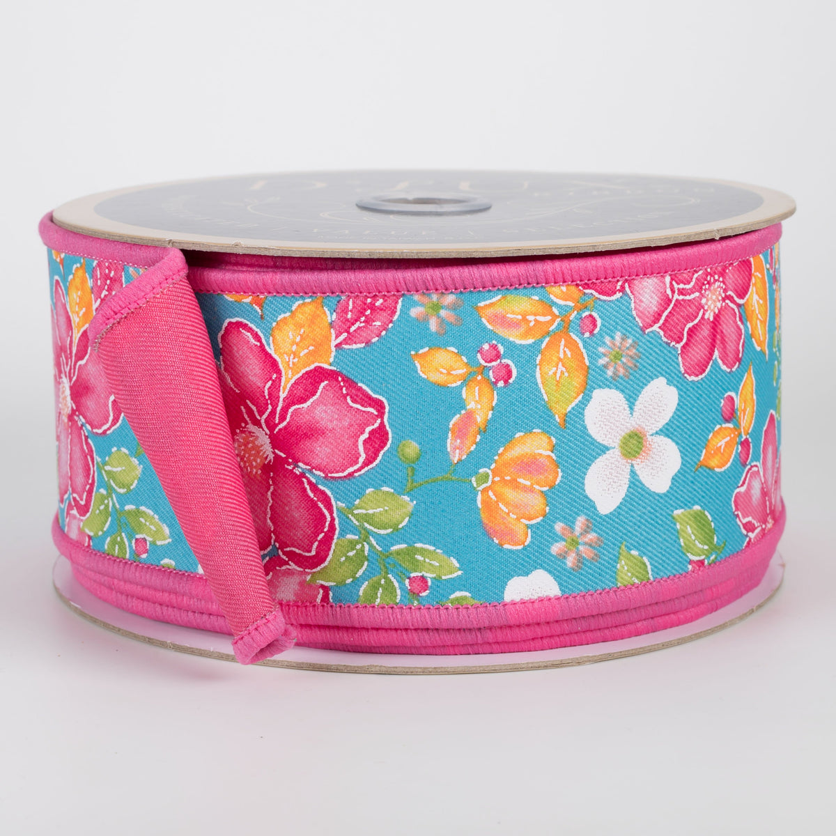 2.5" Double Sided Fused Watercolor Flowers Ribbon: Turquoise & Pink (10 Yards) Item Number: LX332234