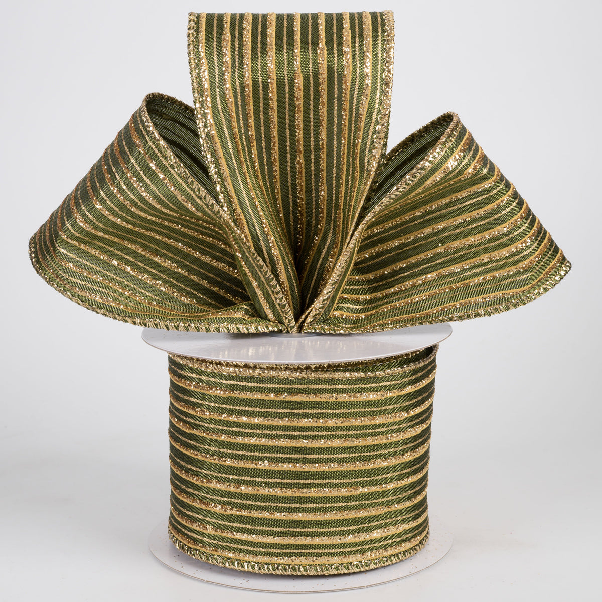 2.5" Dual Gold Stripes Satin Ribbon: Moss Green (10 Yards) Lifestyle Photo