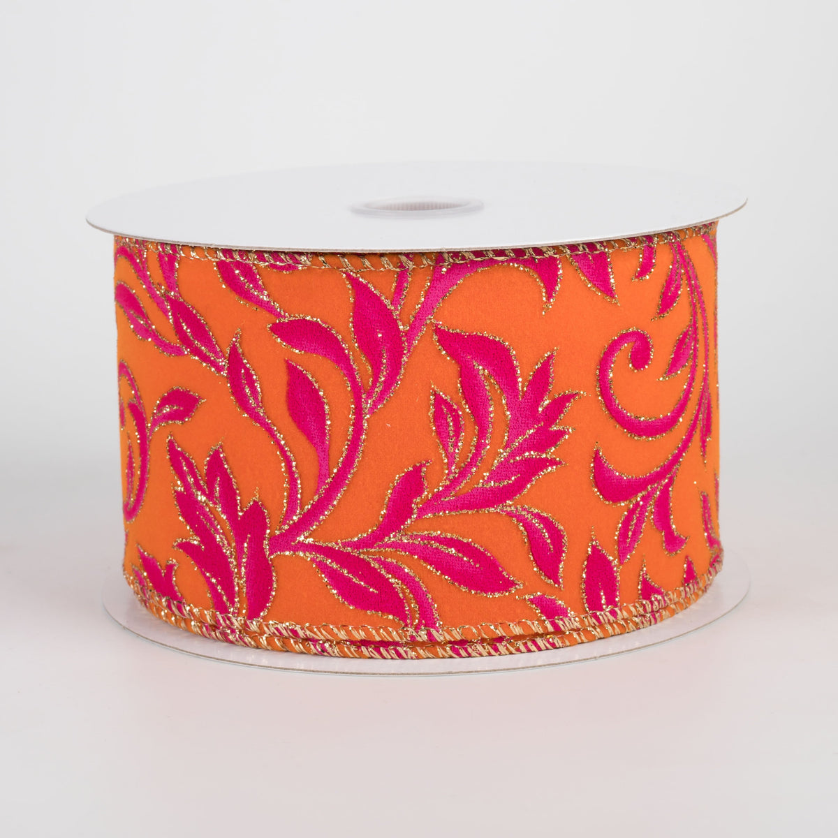 2.5" Fuchsia & Gold Vine Swirls Velvet Ribbon: Orange (10 Yards) Item Number: 61631-40-28