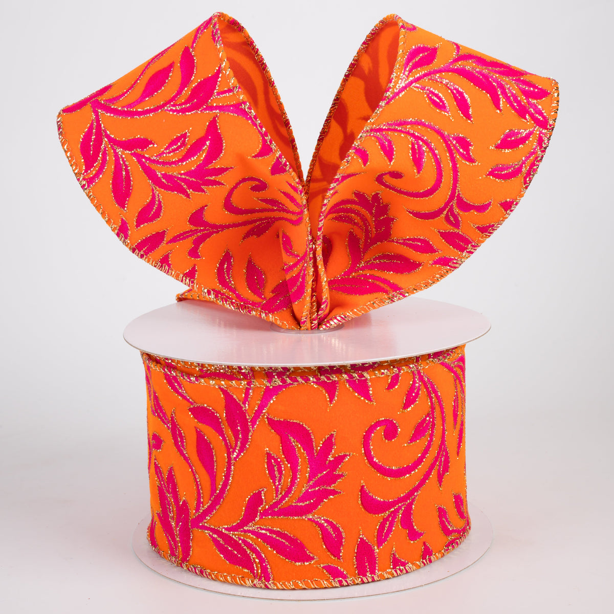 2.5" Fuchsia & Gold Vine Swirls Velvet Ribbon: Orange (10 Yards) Lifestyle Photo