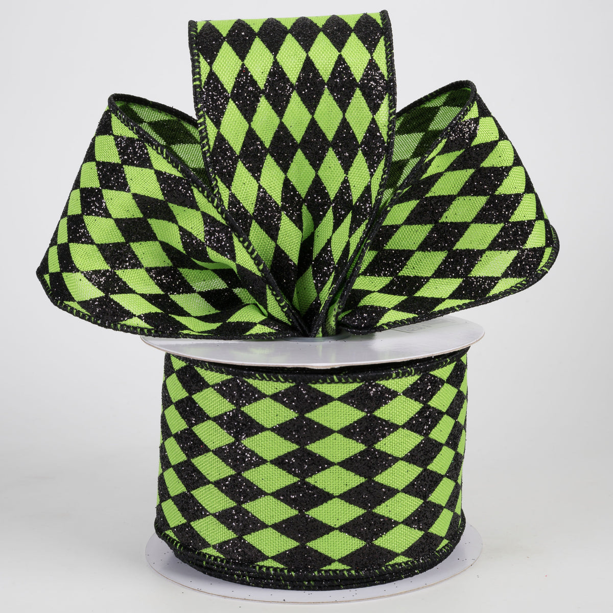 2.5" Glitter Harlequin Ribbon: Black on Green (10 Yards) Lifestyle Photo