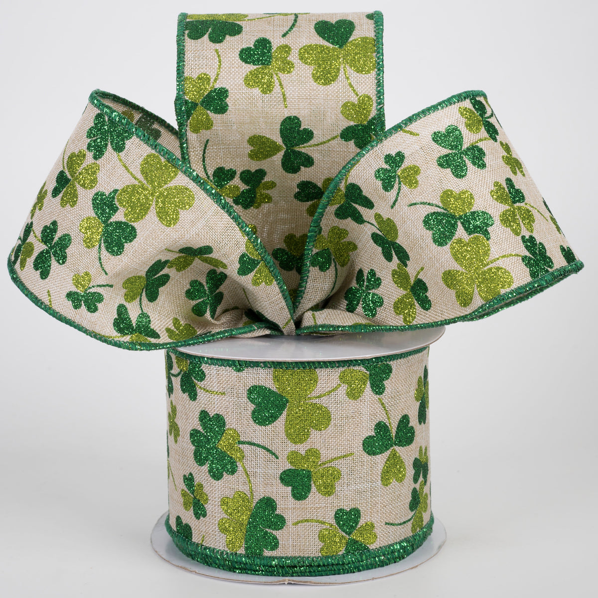 2.5" Glitter Shamrocks Ribbon: Emerald & Lime on Natural (10 Yards) Lifestyle Photo