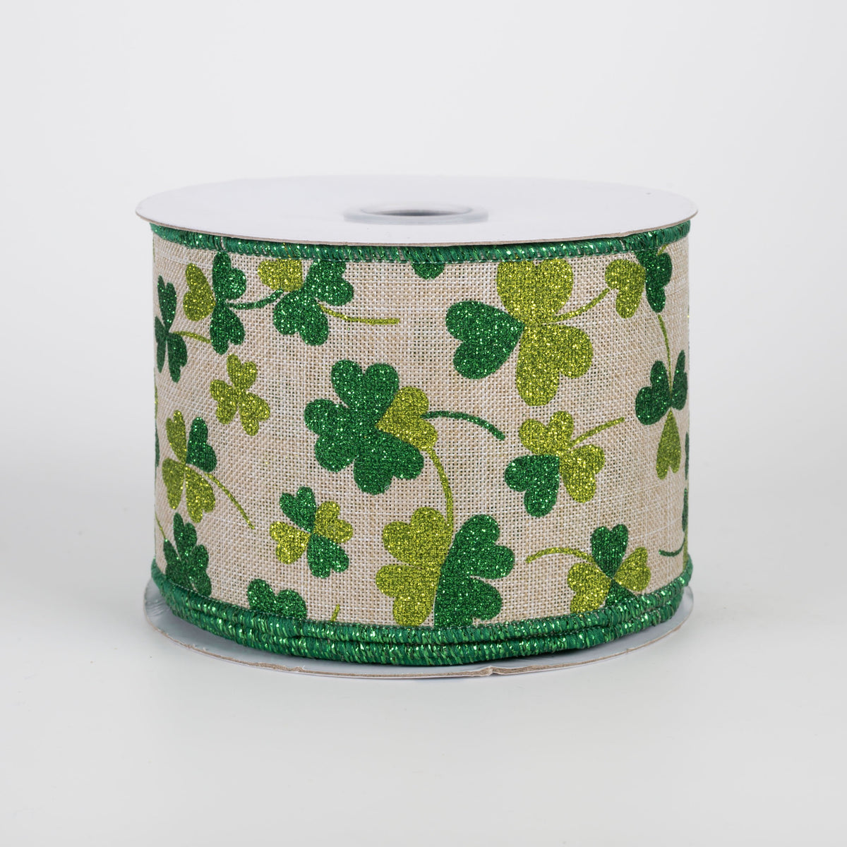 2.5" Glitter Shamrocks Ribbon: Emerald & Lime on Natural (10 Yards) Item Number: RGH117618