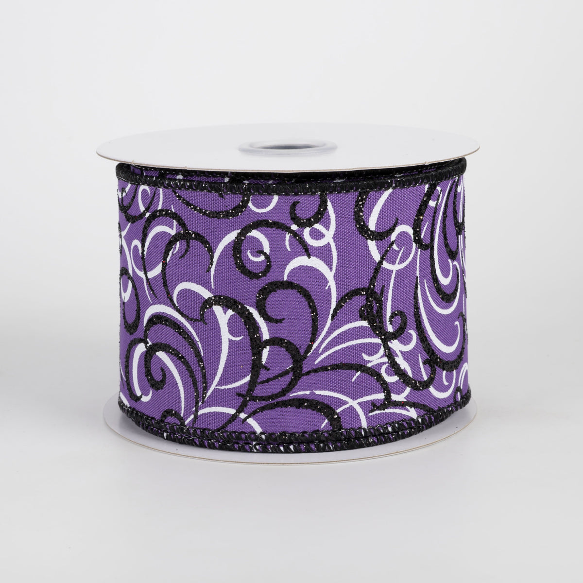 2.5" Glittered Multi Swirls Ribbon: Black & White on Purple (10 Yards) Item Number: RGF13298W