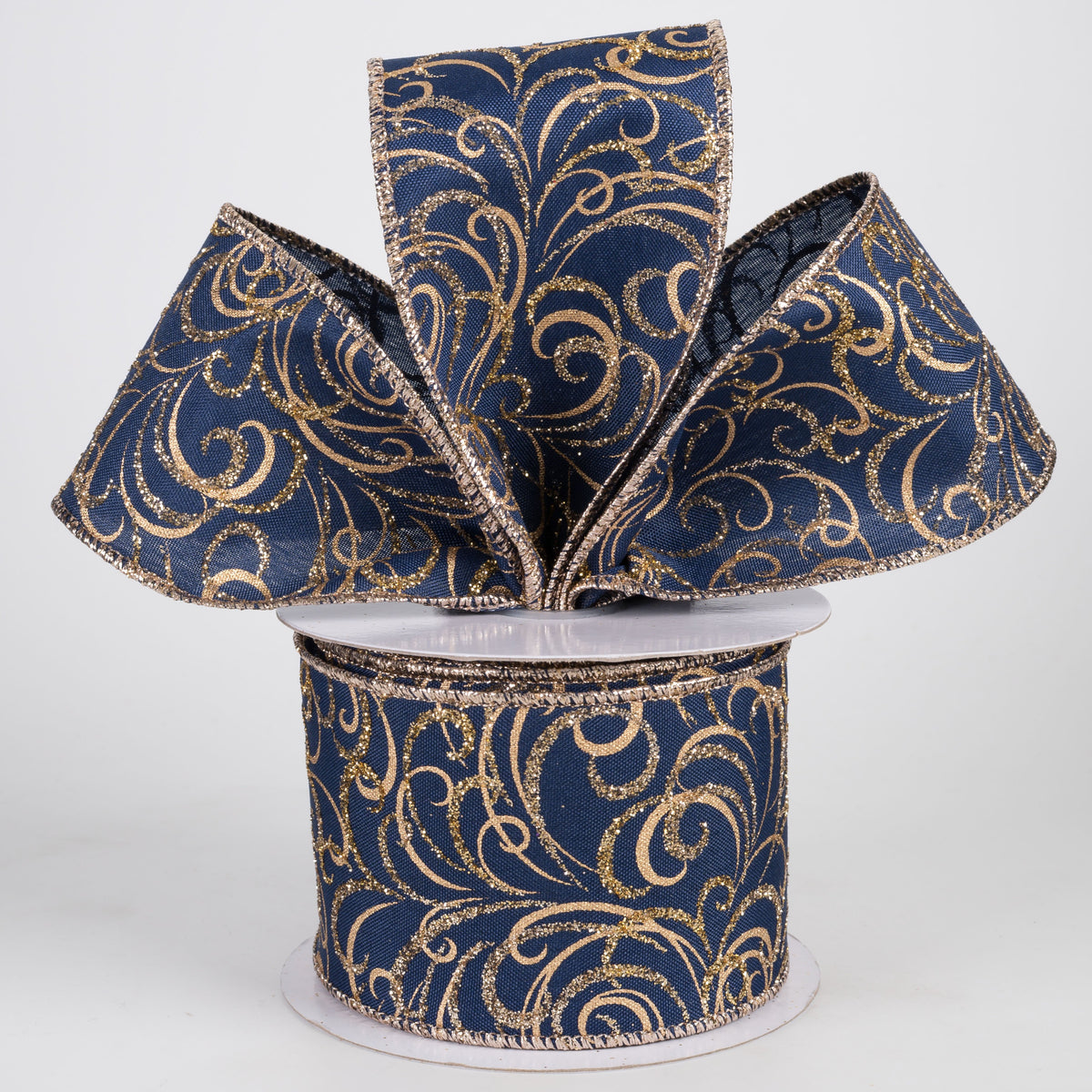 2.5" Glittered Multi Swirls Ribbon: Navy, Champagne & Gold (10 Yards) Lifestyle Photo
