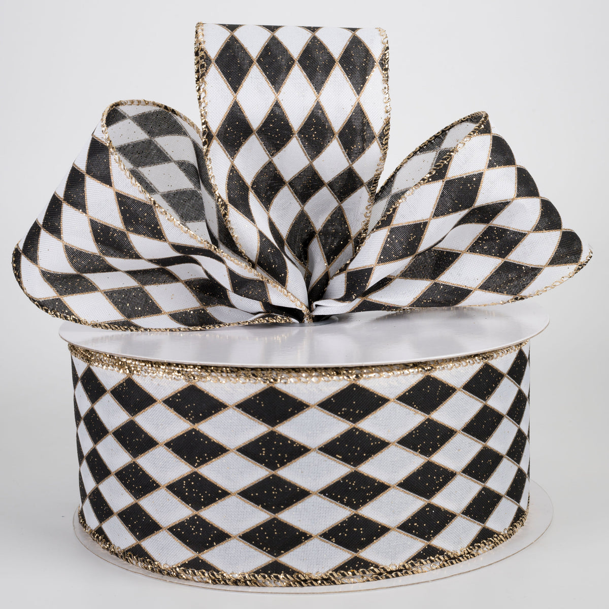 2.5" Glittered Satin Harlequin Ribbon: Black & Gold on White (50 Yards) Lifestyle Photo