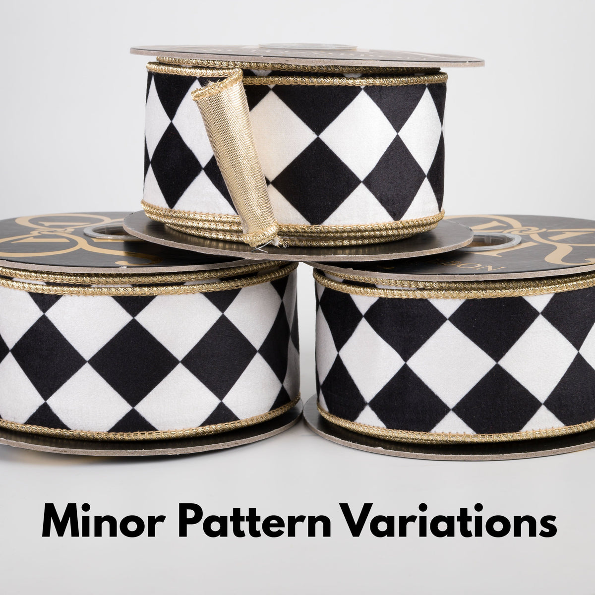 2.5" Harlequin Diamond Velvet & Metallic Dupioni Fused Ribbon: Black, White & Gold (10 Yards) Lifestyle Photo