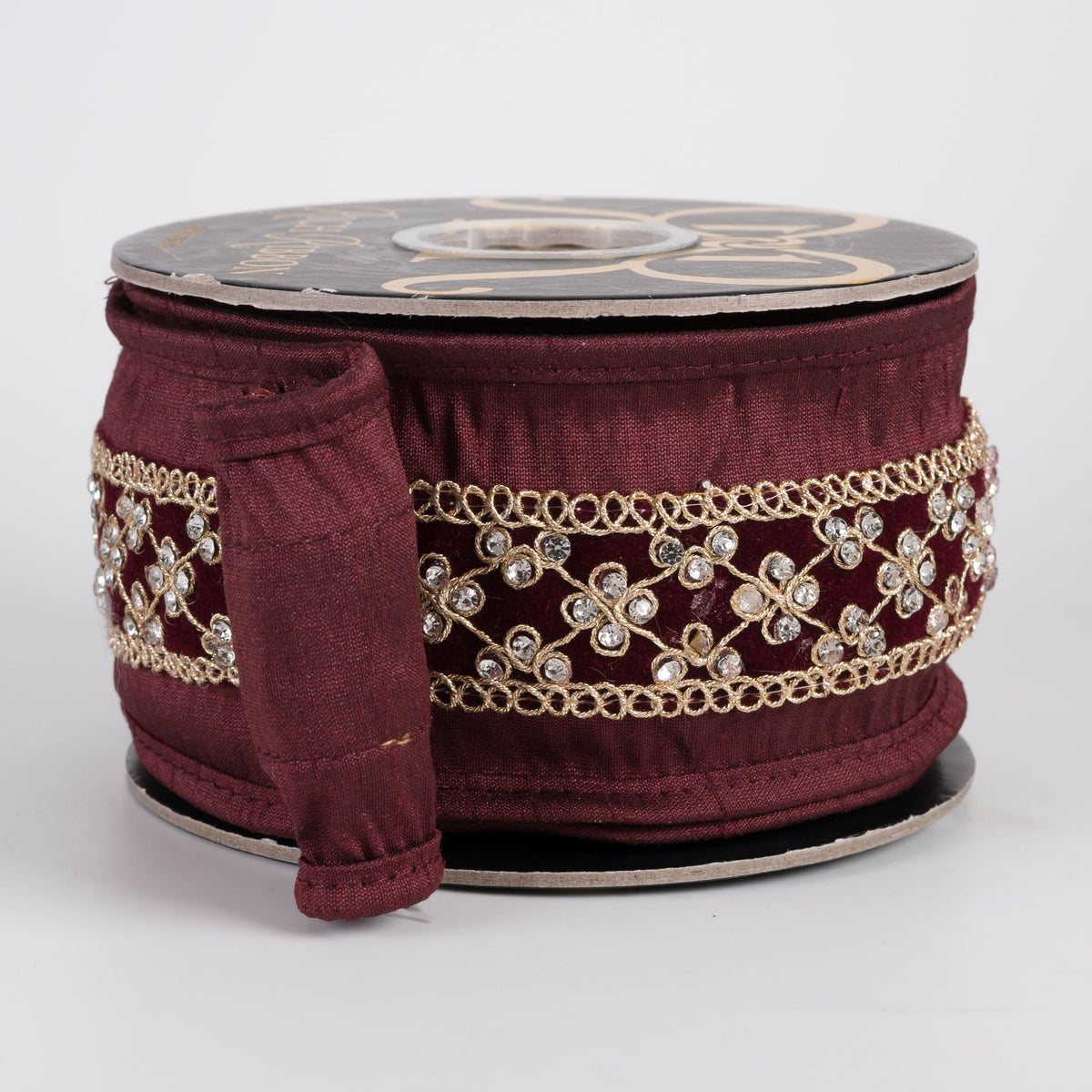 2.5" Jewel Center Trim Velvet & Dupioni Fused Ribbon: Burgundy & Gold (5 Yards) Item Number: RR0056