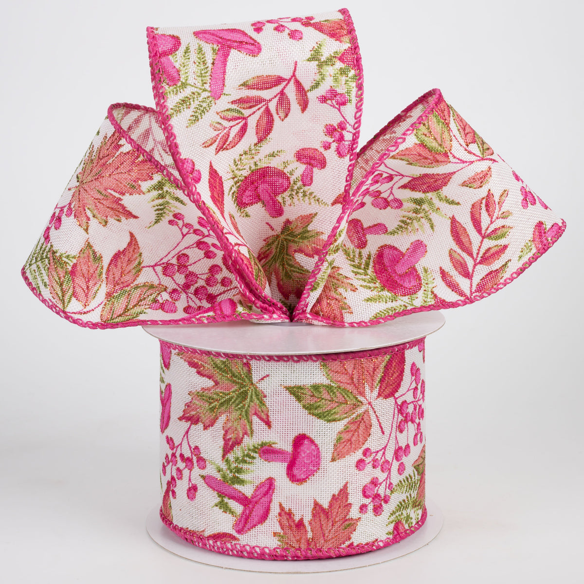 2.5" Linen Fall Forest Floor Ribbon: Moss & Fuchsia on Ivory (10 Yards) Lifestyle Photo