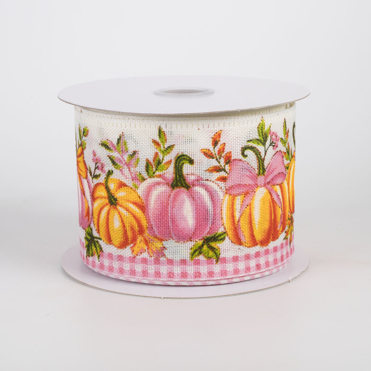 2.5" Linen Pumpkins & Bows Ribbon: Orange & Pink on Ivory (10 Yards) Item Number: 65620-40-26