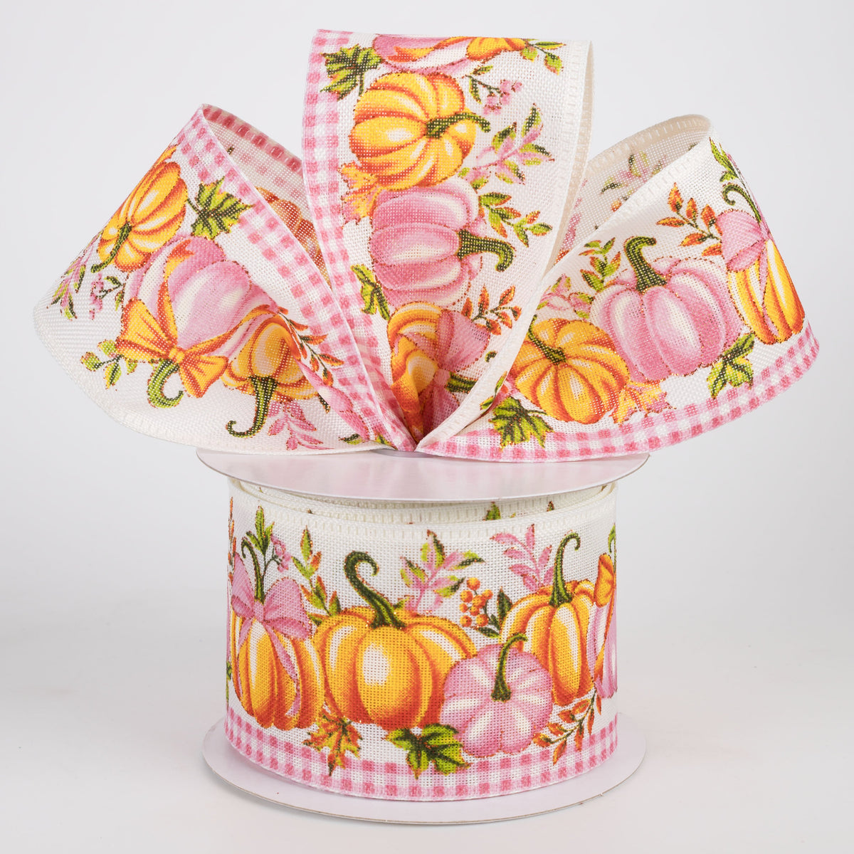 2.5" Linen Pumpkins & Bows Ribbon: Orange & Pink on Ivory (10 Yards) Lifestyle Photo