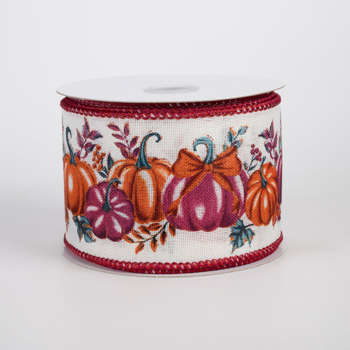 2.5" Linen Pumpkins Ribbon: Purple & Rust on Ivory (10 Yards) Item Number: 61627-40-36