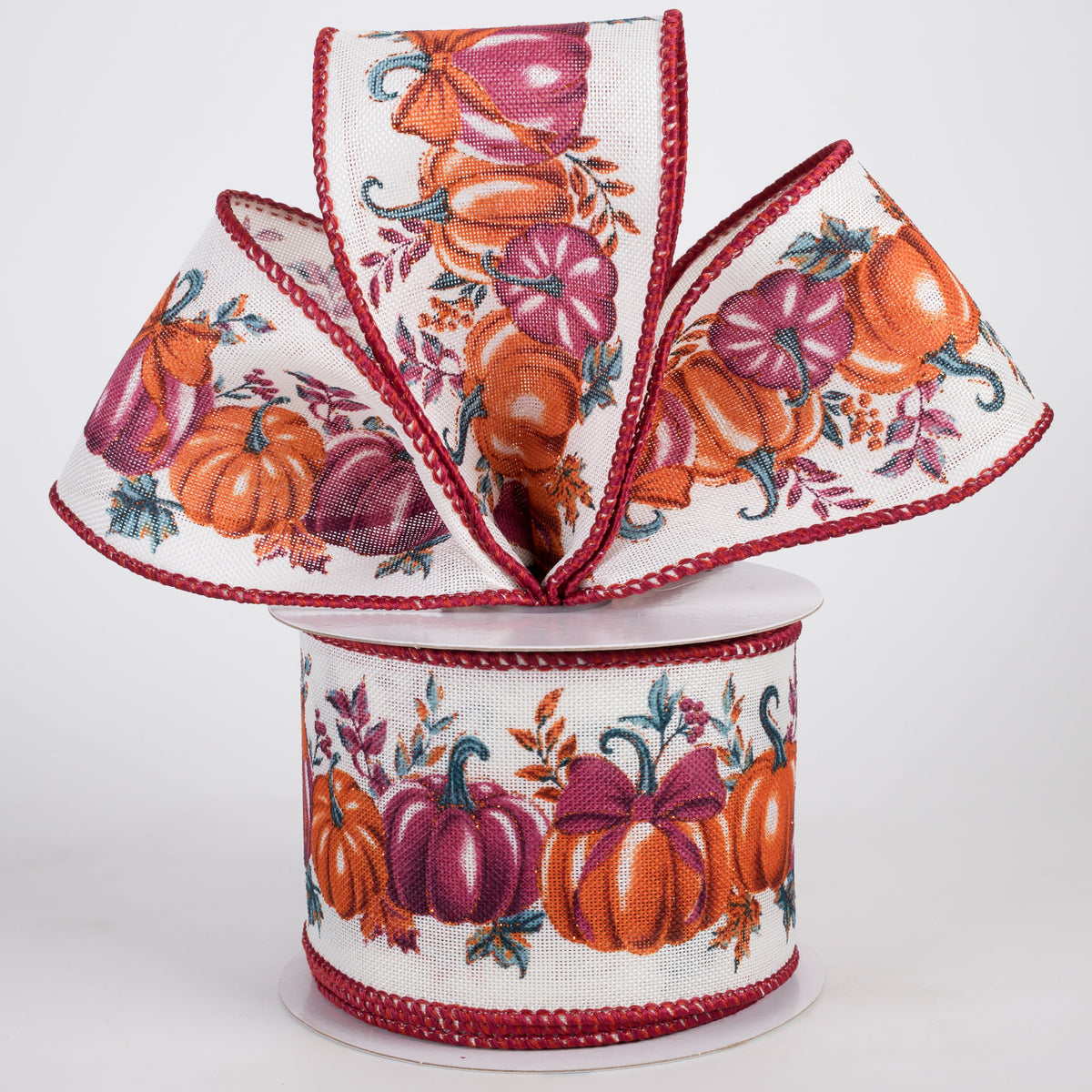 2.5" Linen Pumpkins Ribbon: Purple & Rust on Ivory (10 Yards) Lifestyle Photo