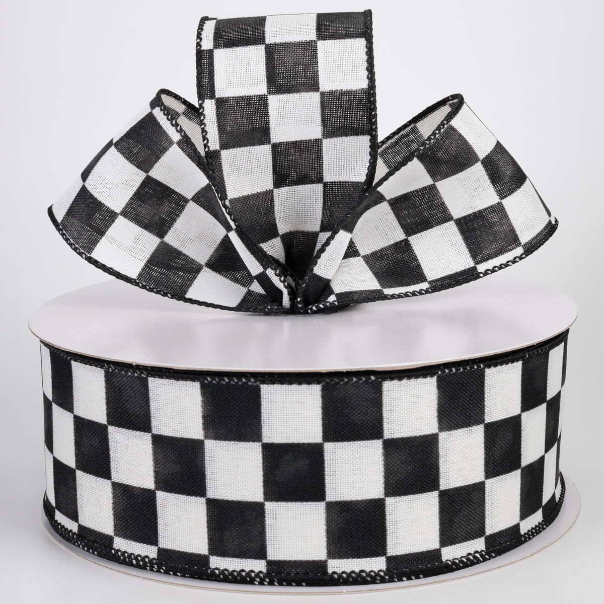 2.5" Linen Watercolor Racing Checks Ribbon: Black & White (50 Yards) Lifestyle Photo