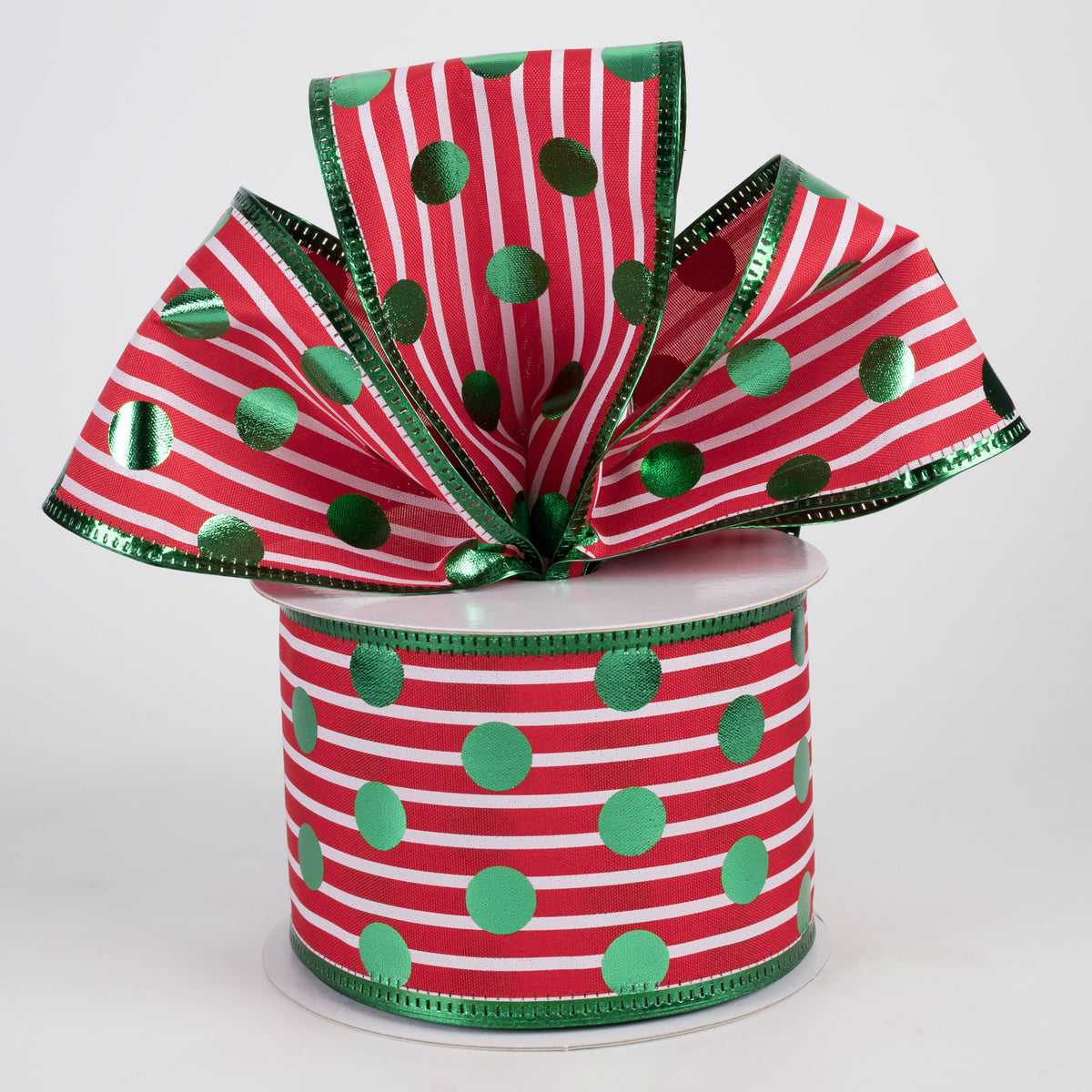 2.5" Metallic Polka Dot & Edge Ribbon: Green on Red & White (10 Yards) Lifestyle Photo