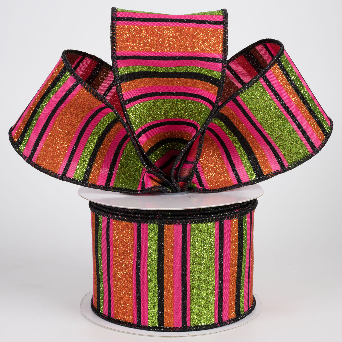 2.5" Multi Glitter Stripes Ribbon: Hot Pink, Orange & Lime Halloween (10 Yards) Lifestyle Photo