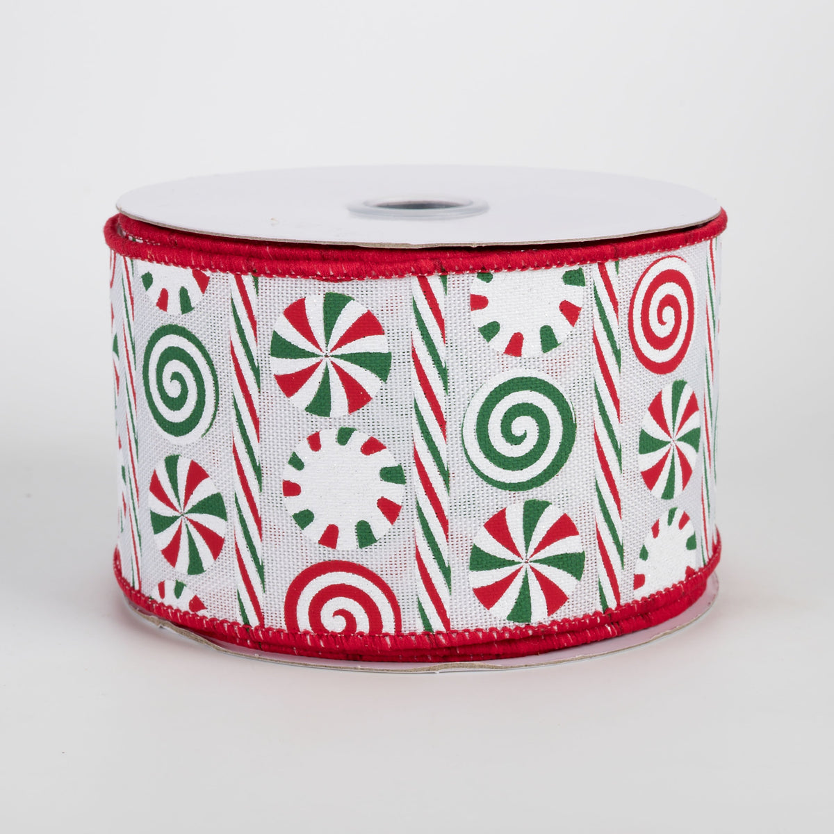 2.5" Peppermints & Peppermint Stripes Ribbon: White, Red & Emerald (10 Yards) Item Number: RGH135867
