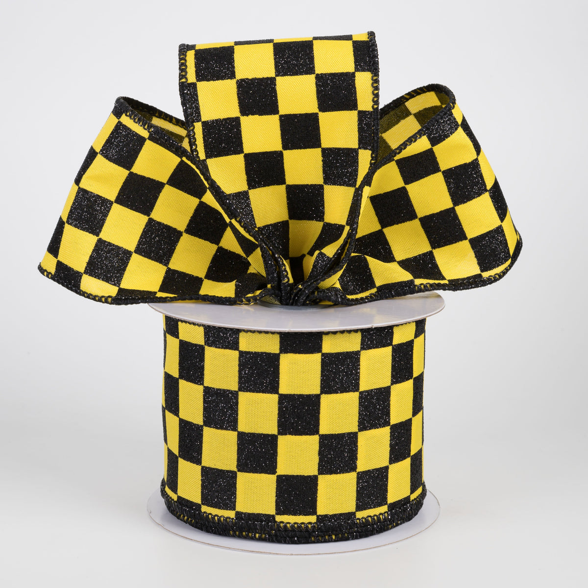 2.5" Printed Glitter Race Check Ribbon: Black on Yellow (10 Yards) Lifestyle Photo