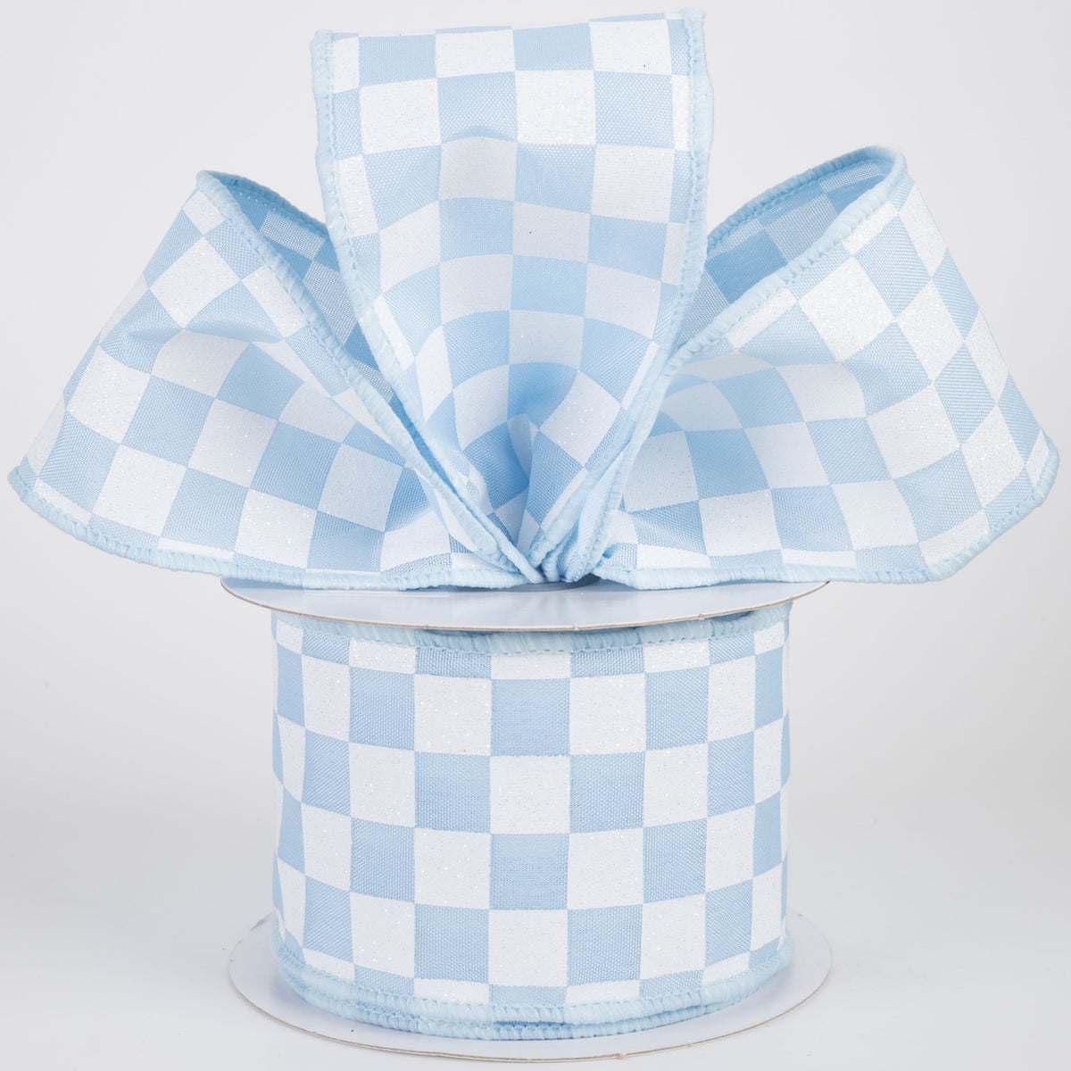 2.5" Printed Glitter Race Check Ribbon: White on Light Blue (10 Yards) Lifestyle Photo