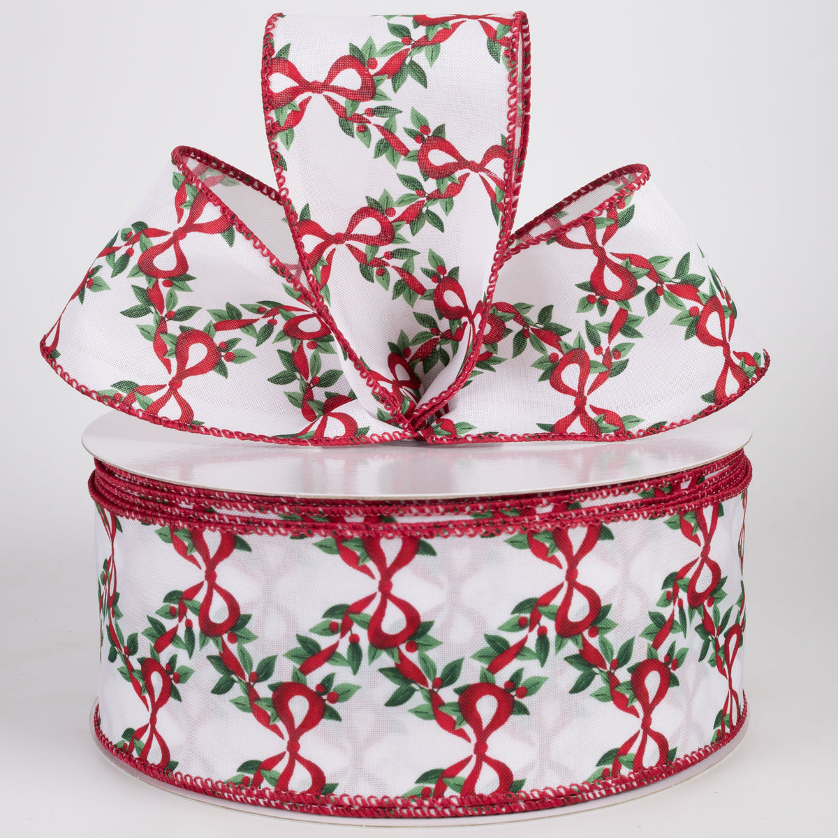 2.5" Satin Christmas Bows & Garland Trellis Ribbon: White (50 Yards) Lifestyle Photo