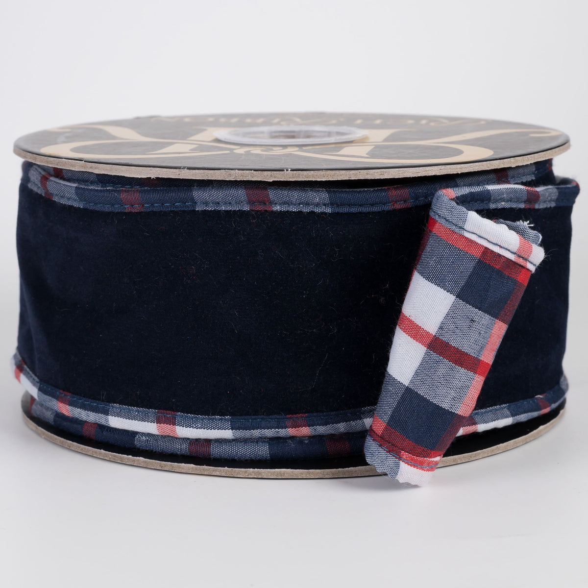 2.5" Velour Velvet Ribbon with Fused Dupioni Plaid Back: Navy Blue, White & Red (10 Yards) Item Number: RR0085