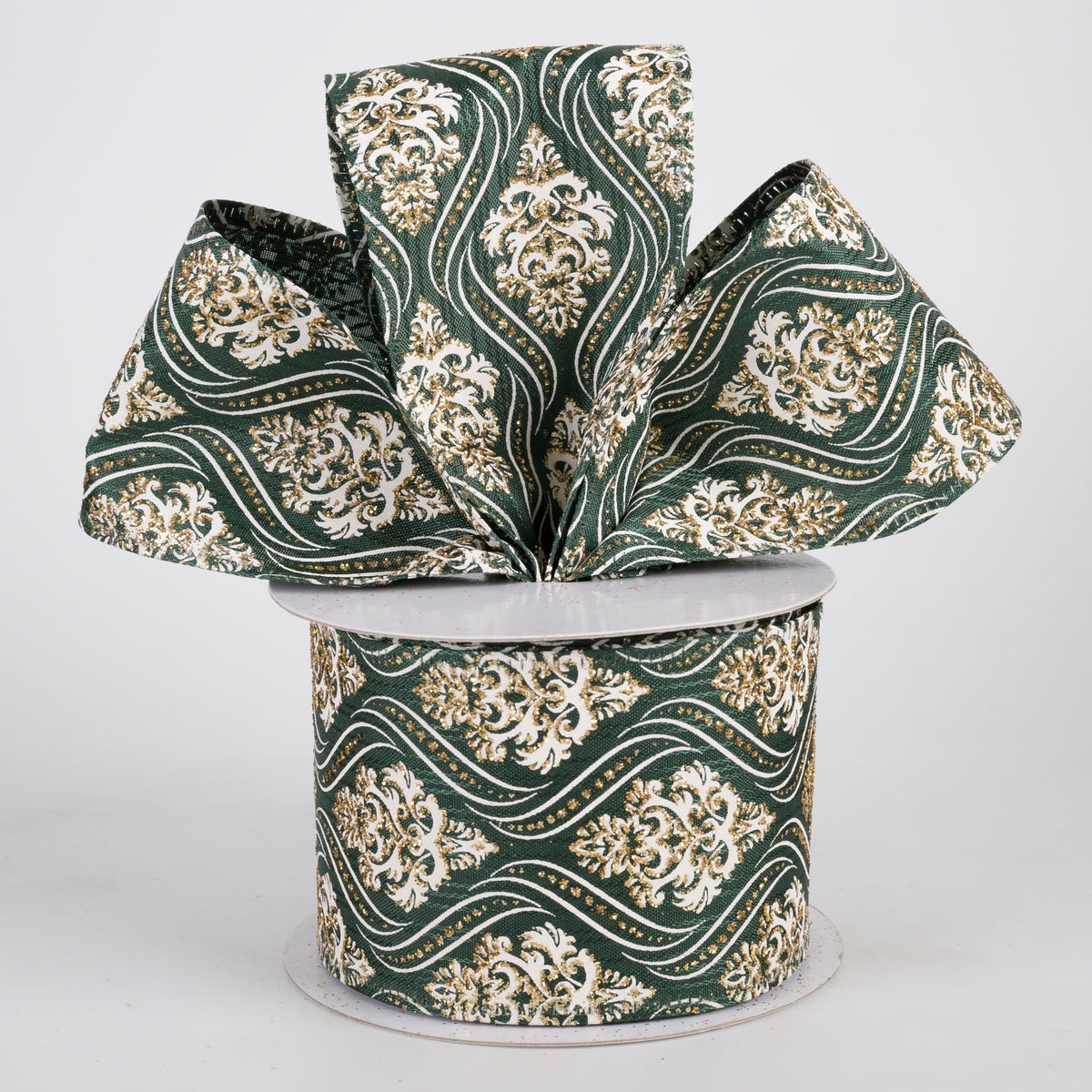 2.5" Wavy Damask Satin Ribbon: White & Gold on Dark Green (10 Yards) Lifestyle Photo
