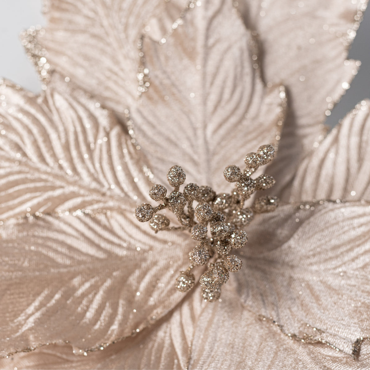 20" x 21" Jumbo Velvet Poinsettia Stem: Champagne Gold detail photo 5