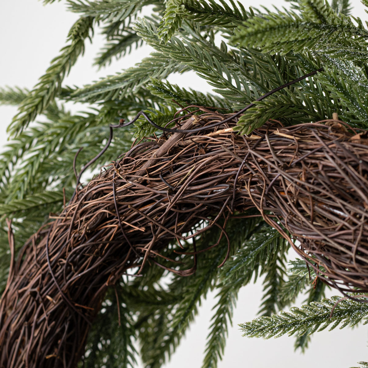 22" Soft Touch Glittered Frost Norfolk Pine Wreath detail photo 3
