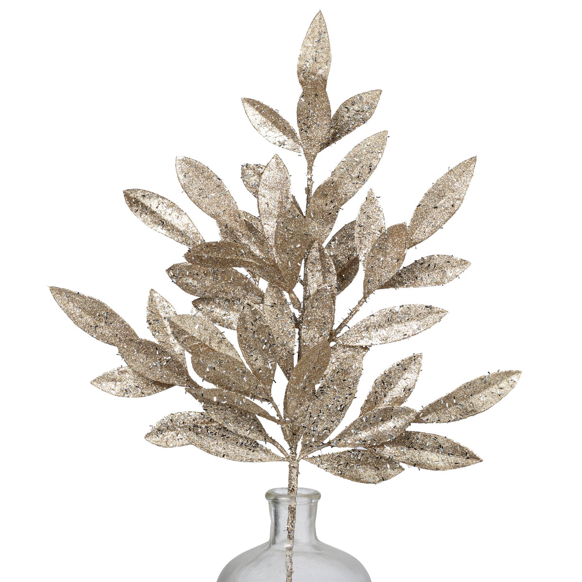 23" Tinsel Glitter Bay Leaf Spray: Champagne Gold & Silver Item Number: XS221949