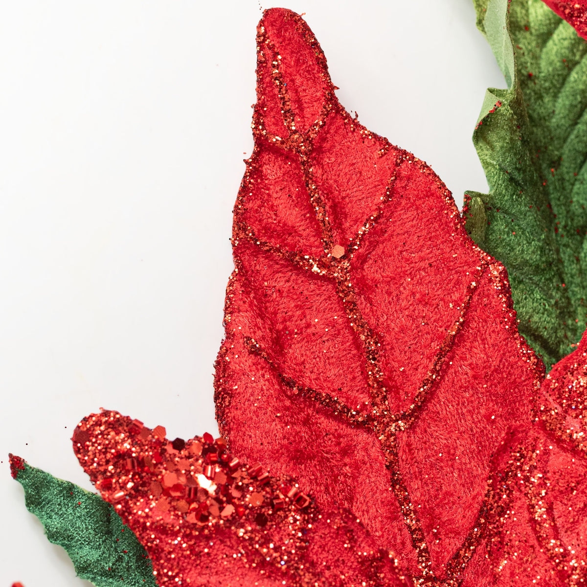 26" Double Glittered Velvet Poinsettia Spray: Red detail photo 4