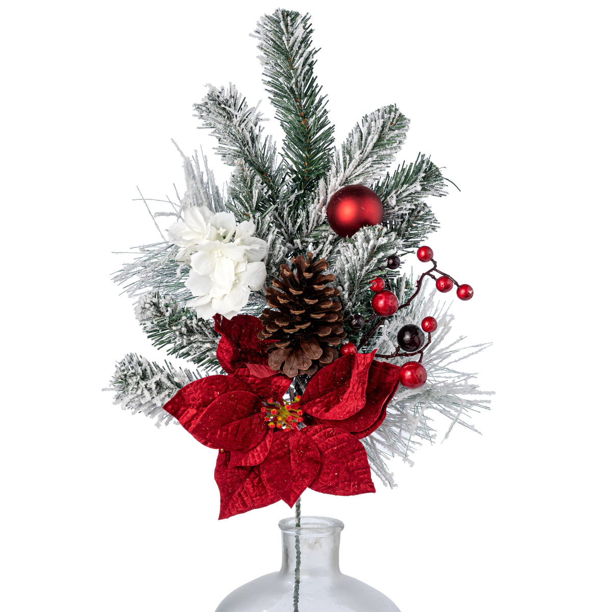 30" Mixed Flocked Pine & Pinecone Poinsettia Spray Item Number: 85939