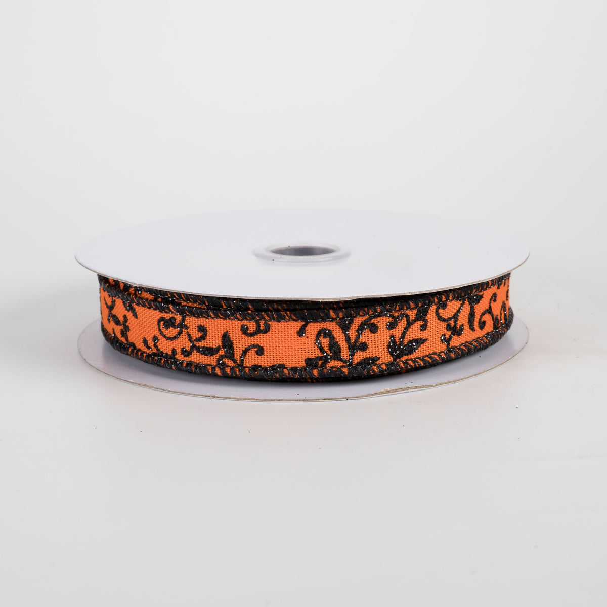 5/8" Glitter Mini Leaf Vines Ribbon: Black on Orange (10 Yards) Item Number: RGF1394P2