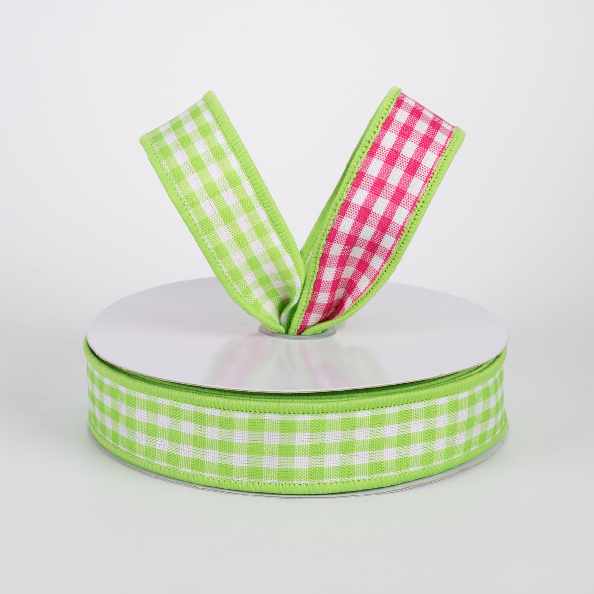 7/8" Double Sided Gingham Check Ribbon: Lime & Hot Pink (10 Yards) Lifestyle Photo