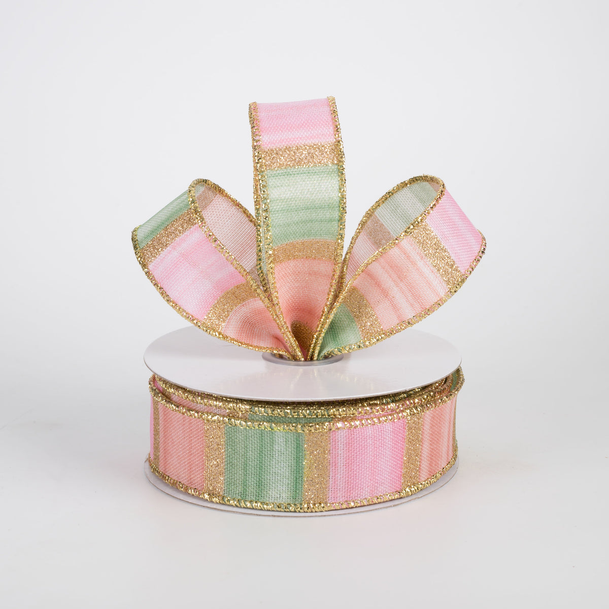 7/8" Glittered Watercolor Stripes Ribbon: Peach, Sage, Pink & Gold (10 Yards) Lifestyle Photo