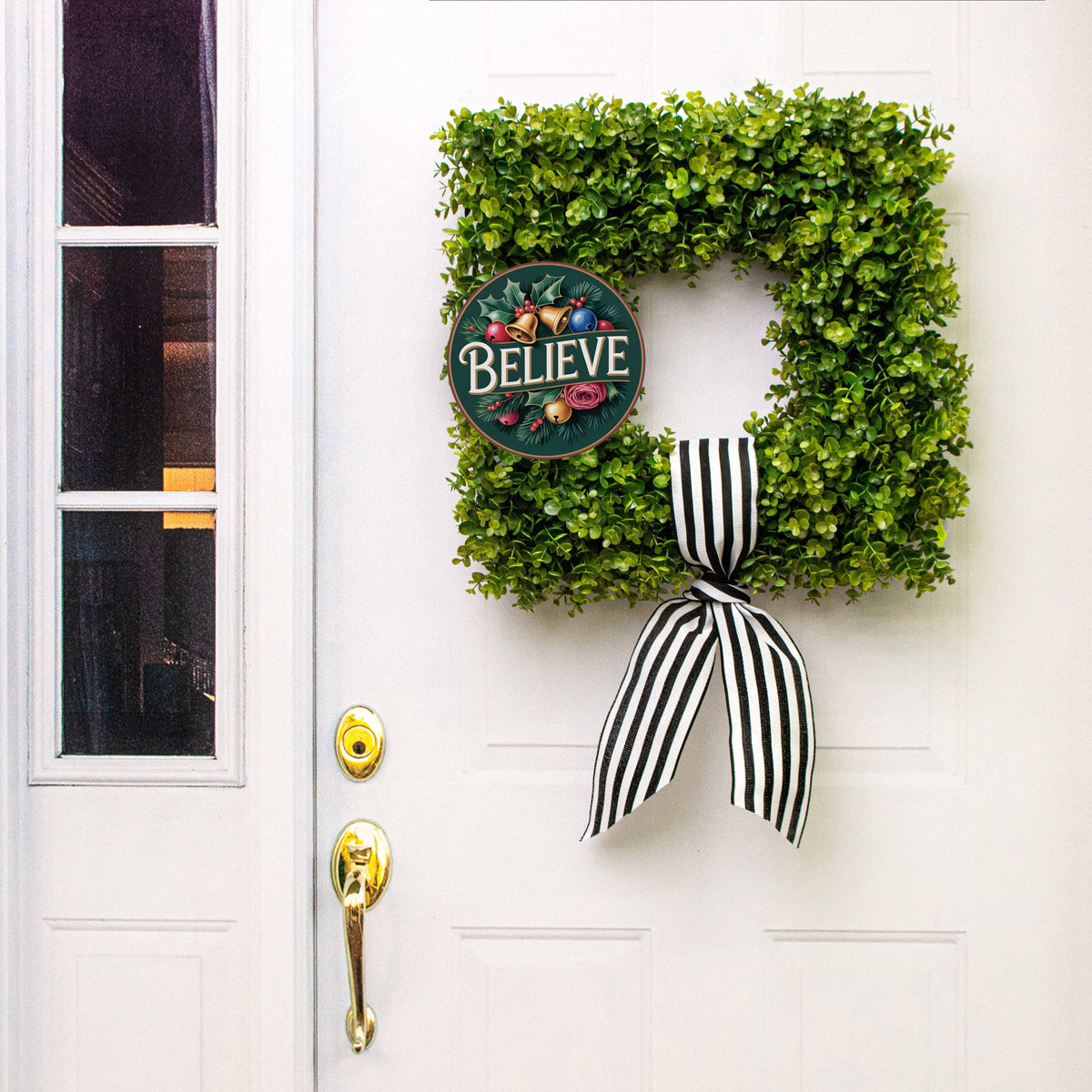8.5" Round Waterproof Sign: Green Jewel Tone Believe Bells Lifestyle Photo