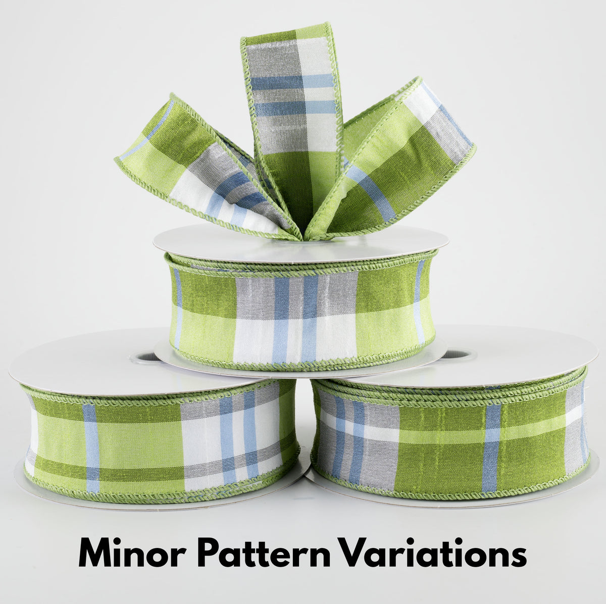 1.5" Faux Dupioni Plaid Ribbon: Kiwi Green, Iris Blue & White (25 Yards)
