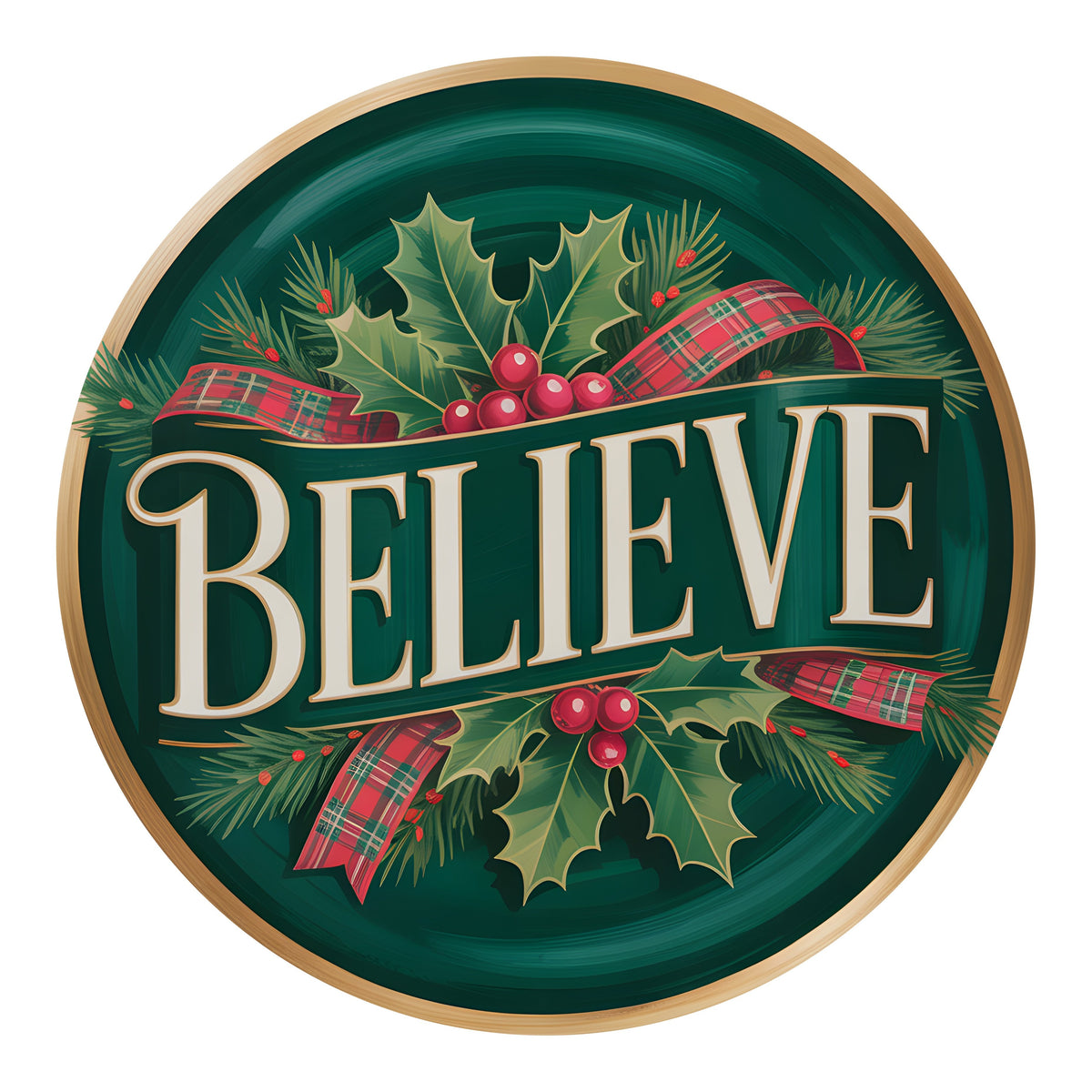 9.4" Round Waterproof Sign: Green Jewel Tone Plaid Believe Item Number: CD1450NH-094