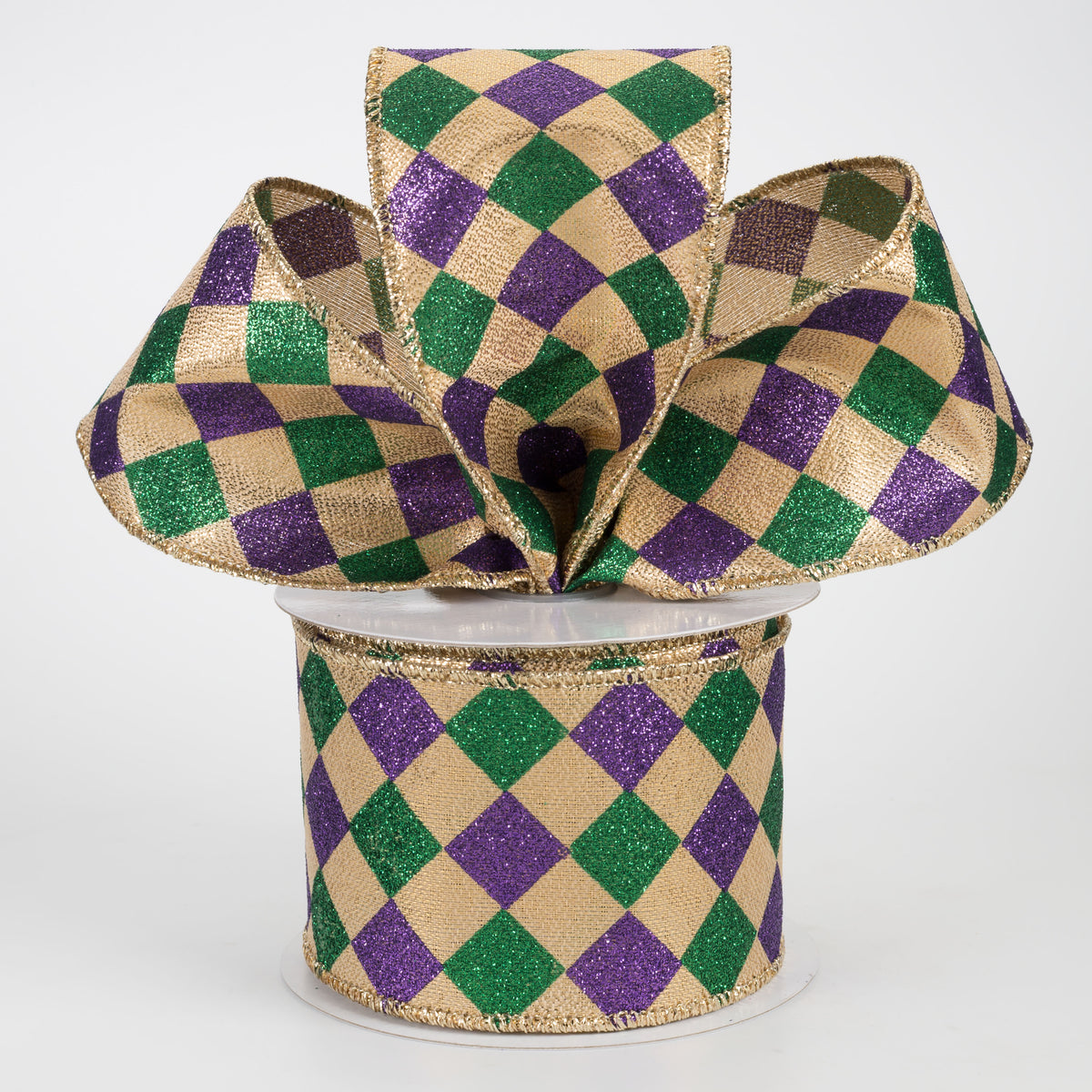 2.5" Harlequin Glitter Diamond Ribbon: Purple, Green & Gold (10 Yards)