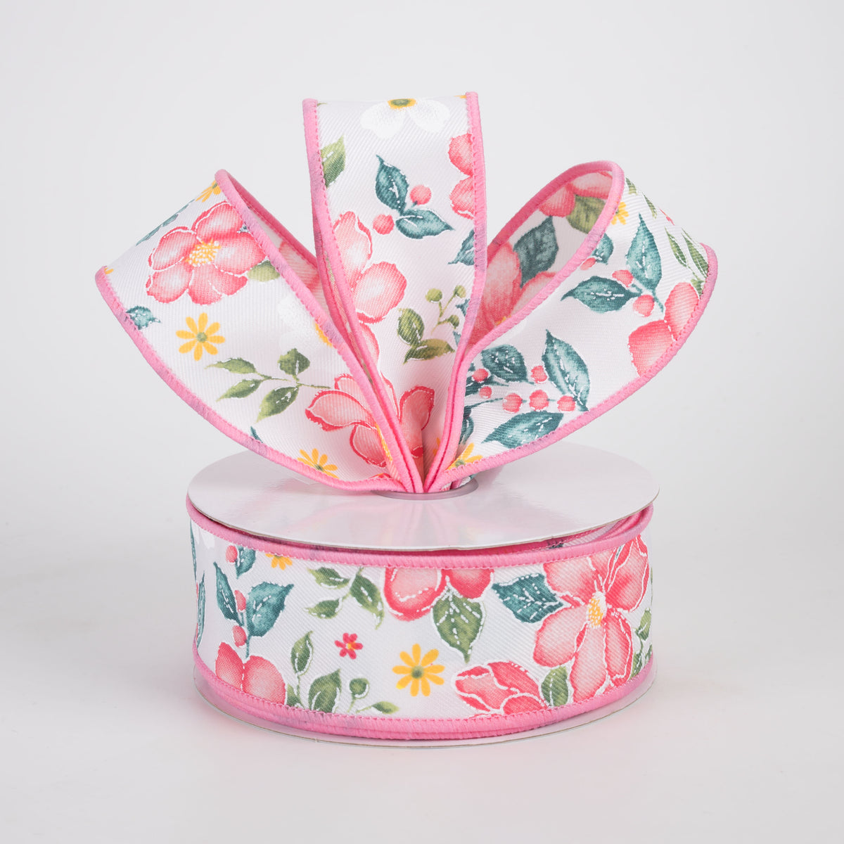 1.5" Watercolor Flowers Ribbon: Dark Rose, Coral, Green, Teal (10 Yards)