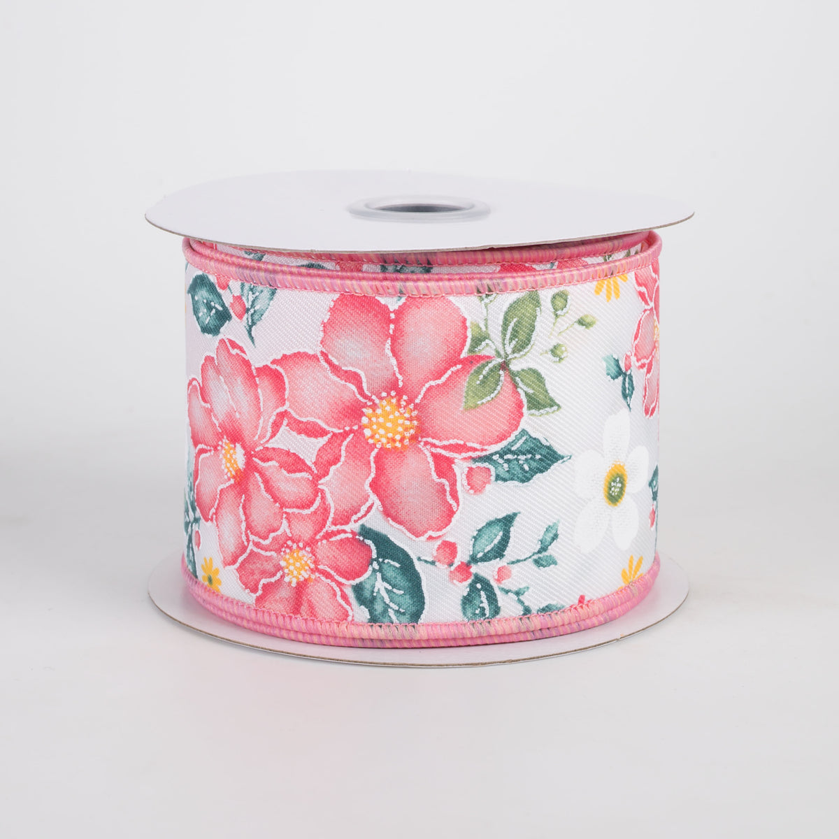 2.5" Watercolor Flowers Ribbon: Dark Rose, Coral, Green, Teal (10 Yards)
