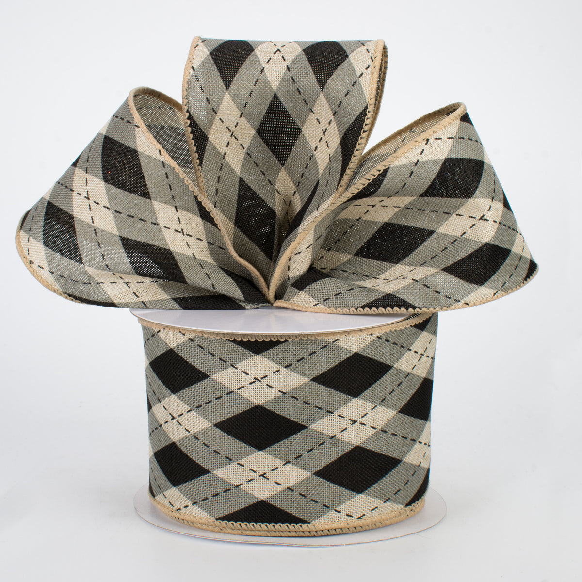 2.5" Argyle Plaid Ribbon: Black & Natural (10 Yards) Lifestyle Photo