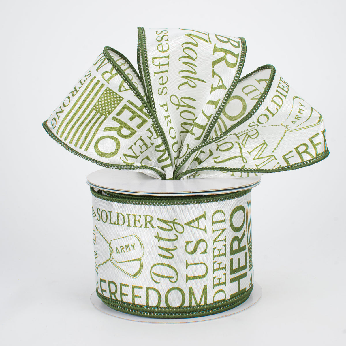 2.5" Army Ribbon: Army Green & White (10 Yards) Lifestyle Photo