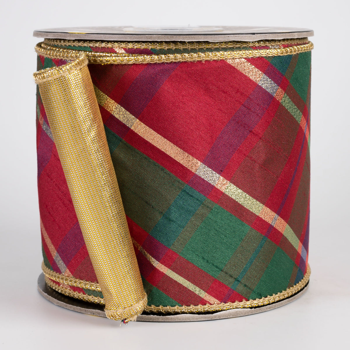4" Bias Plaid Dupioni & Metallic Dupioni Fused Ribbon: Red, Green & Dark Gold (10 Yards) Item Number: RR0025